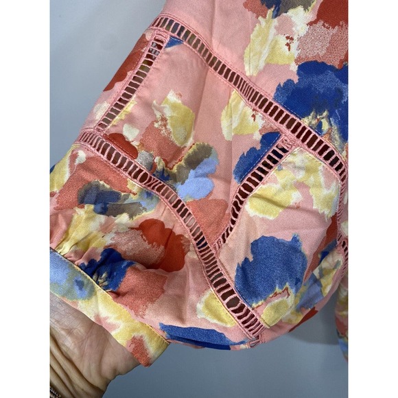 Shargano Womens MEDIUM Colorful Abstract Balloon Sleeves V Neck Button Up Blouse - Picture 6 of 11